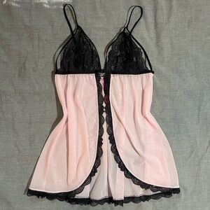 Pink and black sheer strappy babydoll lingerie top with lace trim